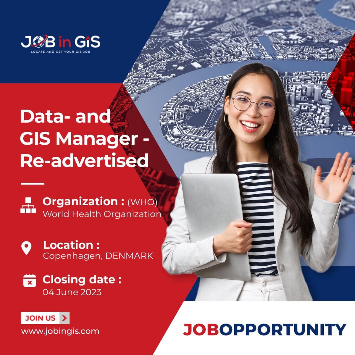 #jobingis : World Health Organization (WHO) is hiring a Data- and GIS Manager - Re-advertised
📍Location: #Copenhagen #Denmark 

Apply here 👉: jobingis.com/jobs/data-and-…

#Job #jobseekers #jobsearch #cartography #Geography #mapping #GIS #geospatial #remotesensing #gisjobs #gischat