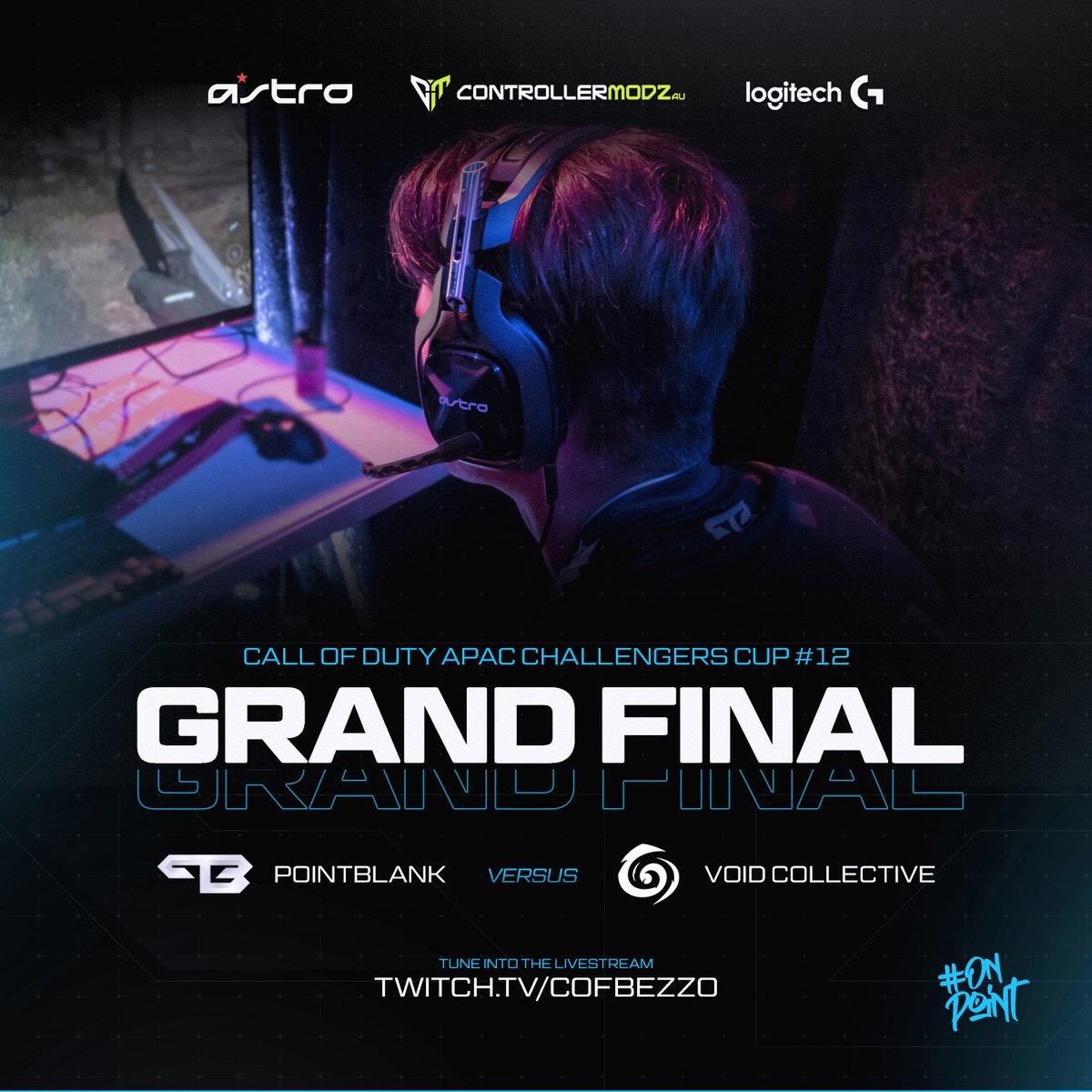 PointBlank (@pointblankoce) on Twitter photo Here we go! COD APAC CUP 12 Grand Final against <a href="/VOIDCollectiive/">VOID</a> 
Make sure you're tuning in and supporting the boys! Stream -> twitch.tv/cofbezzo
<a href="/Cronus_Kun/">KPFIT</a> 
<a href="/Jazhn_/">Kori</a> 
<a href="/PogFati/">Fati</a> 
<a href="/lmagineT1/">imagine</a> 
<a href="/JayZee_XO/">JayZee</a> 
#OnPoint 
<a href="/ASTROGaming/">ASTRO Gaming</a> <a href="/AuModz/">ControllerModzAU</a> <a href="/LogitechG_ANZ/">Logitech G ANZ</a> Here we go! COD APAC CUP 12 Grand Final against <a href="/VOIDCollectiive/">VOID</a> 
Make sure you're tuning in and supporting the boys! Stream -> twitch.tv/cofbezzo
<a href="/Cronus_Kun/">KPFIT</a> 
<a href="/Jazhn_/">Kori</a> 
<a href="/PogFati/">Fati</a> 
<a href="/lmagineT1/">imagine</a> 
<a href="/JayZee_XO/">JayZee</a> 
#OnPoint 
<a href="/ASTROGaming/">ASTRO Gaming</a> <a href="/AuModz/">ControllerModzAU</a> <a href="/LogitechG_ANZ/">Logitech G ANZ</a>