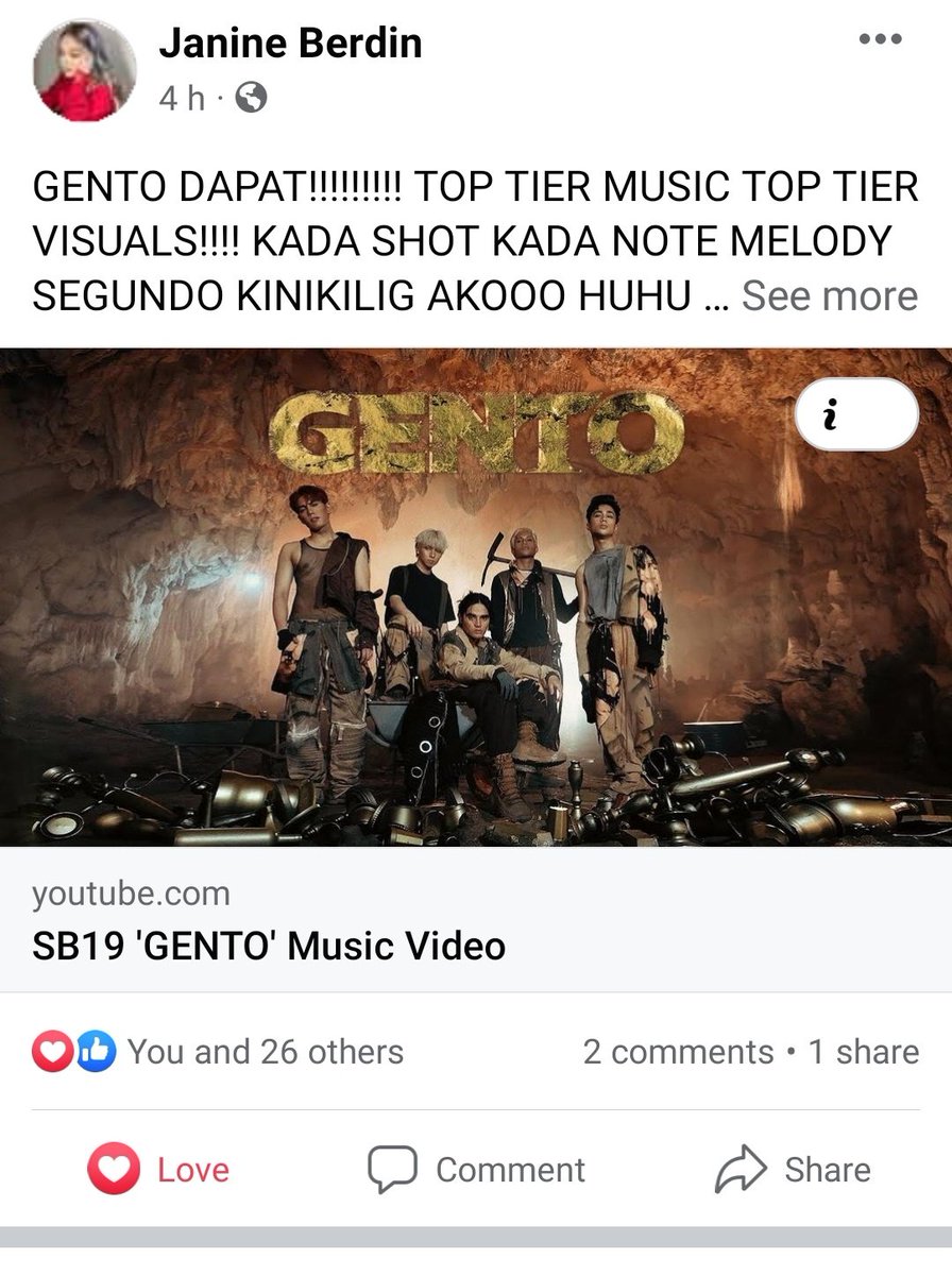 Appreciation from singer-songwriter Janine Berdin

ISANG MILYONG GINTO
@SB19Official #SB19
#GENTO_1MILLIONViews