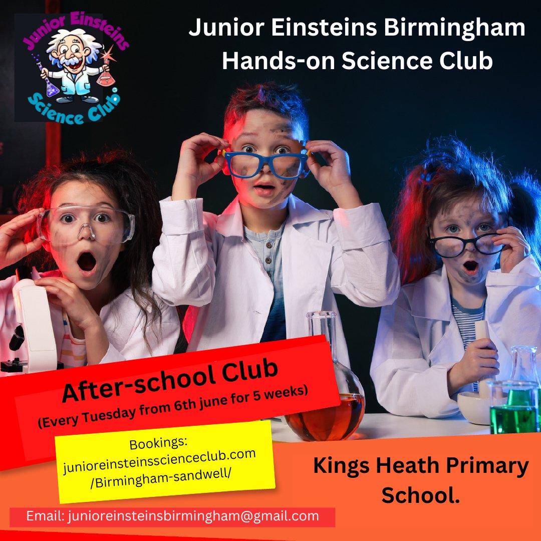 Junior Einsteins science club is coming to Kings Heath Primary!
Info & Booking: junioreinsteinsscienceclub.com/events/after-s…
#kingsheath #STEMeducation #edchat  #whatson4kids