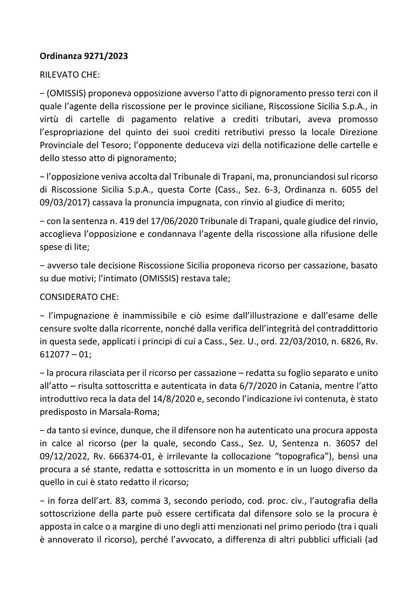 SlpctSlpw's tweet photo. Inammissibilità Ricorso per  Cassazione – Procura conferita in data anteriore alla redazione del  ricorso e in luogo diverso da quello indicato nell’atto Ordinanza  9271/2023 https://t.co/3x4HqrqoQL