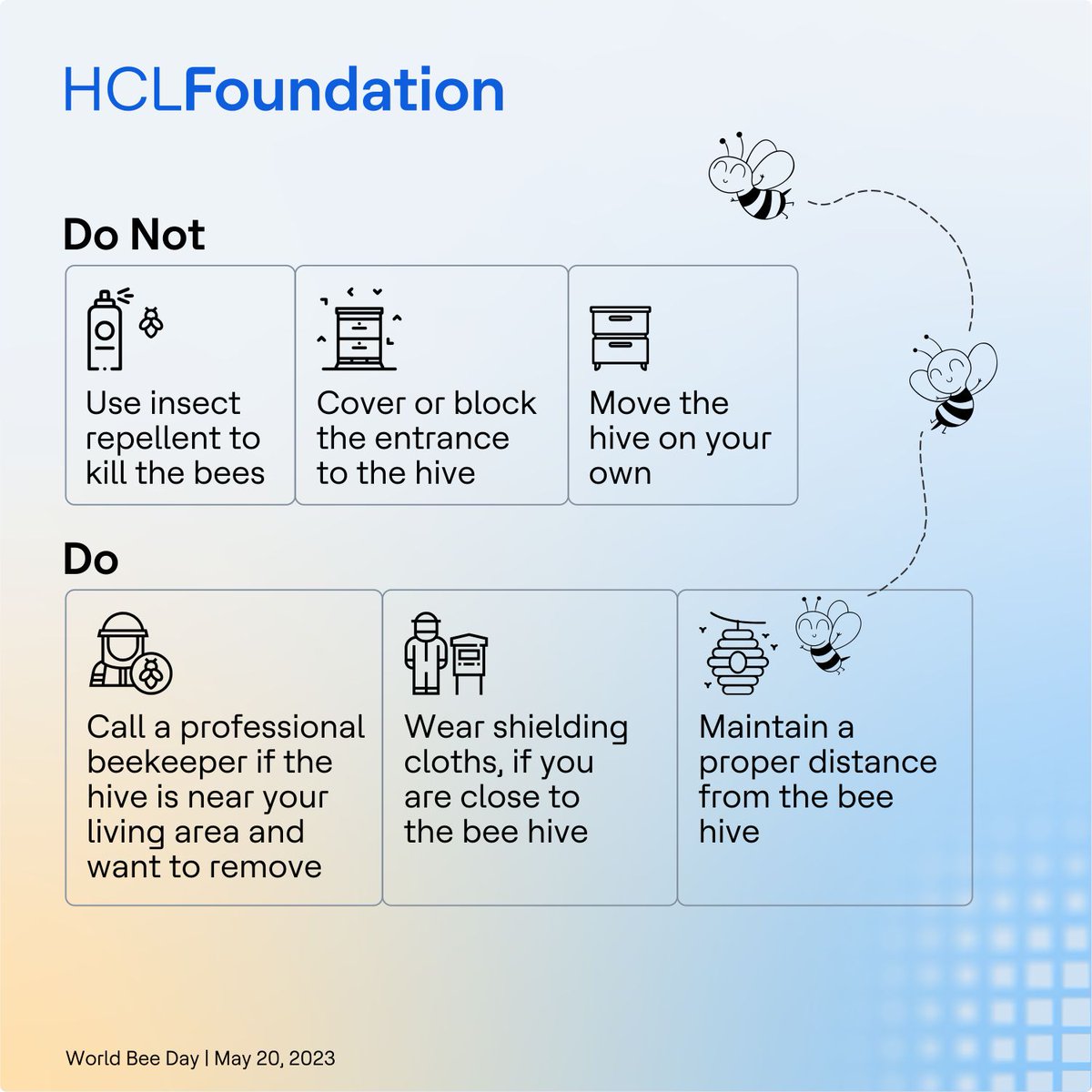 We're sharing some Dos and Don'ts on steps one can take towards conservation of bees. 

 Are you doing your bit?

#HCLFoundation #HCLHarit #HCLTech #WorldBeeDay2023 #WorldBeeDay #SavetheBees