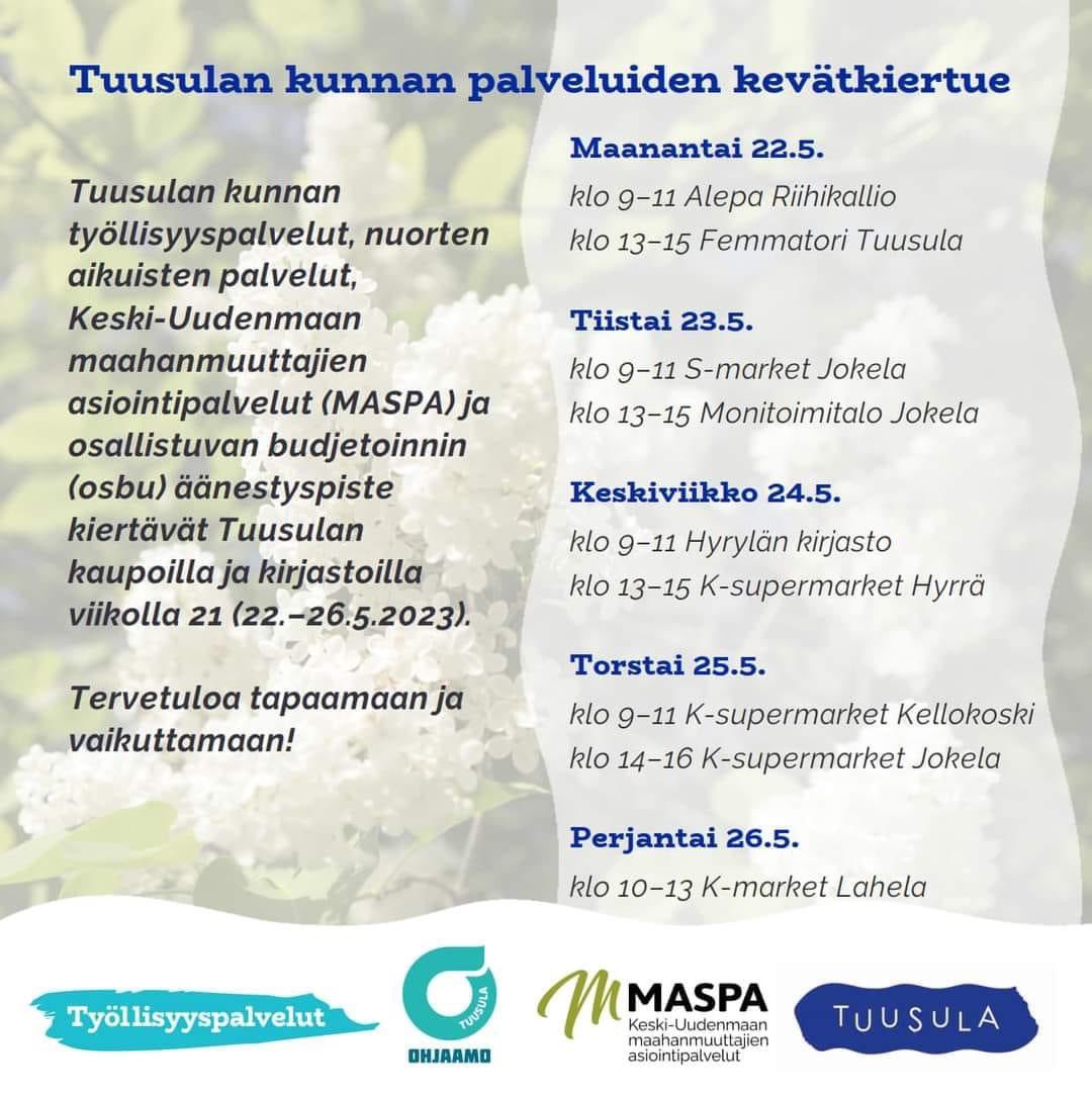 HeidiHagman's tweet photo. Tuusulan kunnan palvelut kiertävät ensi viikolla ympäri Tuusulaa. Tervetuloa tutustumaan palveluihin ja kuulemaan miten tuusulalaisten hyvinvointia edistetään näissä palveluissa. Samalla voit äänestää myös osallistuvassa budjetoinnissa #tuusula #osbu #maspa #ohjaamo https://t.co/AN0JepPk0z