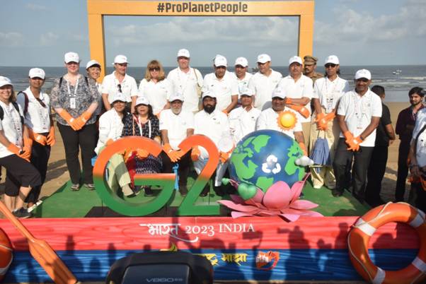 Union Minister Bhupender Yadav participates in G20 Mega Beach Clean Up campaign at Juhu Beach in Mumbai 