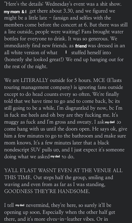 SparrowParadise's tweet photo. Full account of what happened at E'LAST's Atlanta show (5.17.23) courtesy of my mom (this is taken directly from my mom's fb). Names have been blurred for privacy reasons💚

#boycottMCE https://t.co/M7WDvwUIpW
