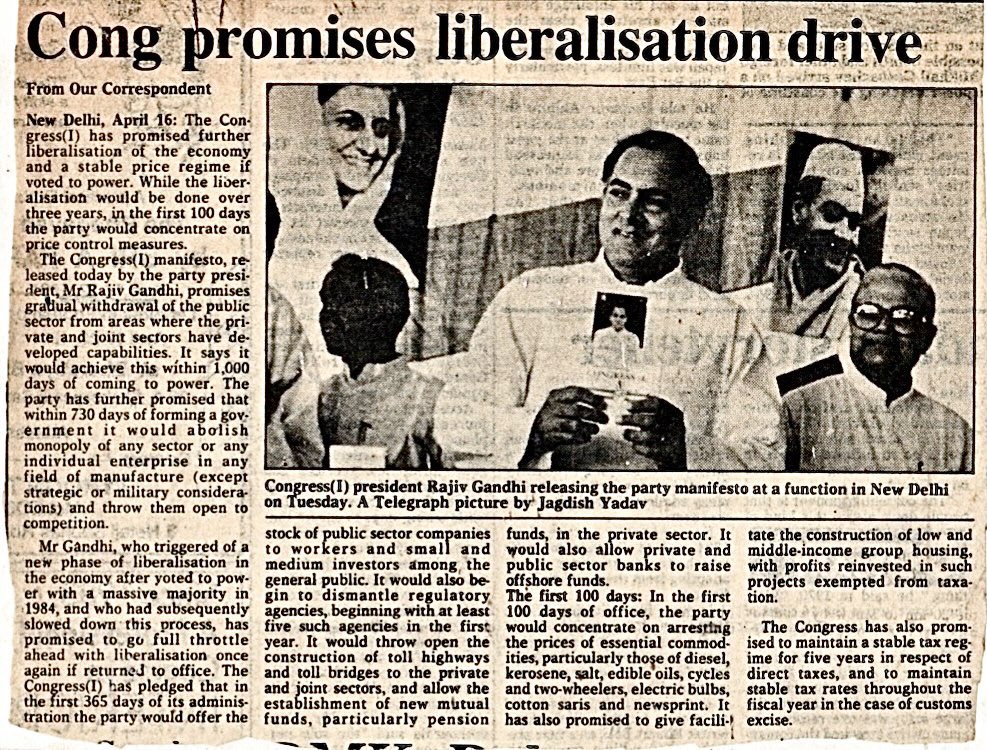 Jairam_Ramesh's tweet photo. One of the last major accomplishments of Rajiv Gandhi before his assassination on this day, 32 years ago, was the finalisation of the Congress party’s manifesto for the 1991 Lok Sabha elections. He spent many hours on it. 

In July 1991, when  Dr. Manmohan Singh as FM was criticised for ushering in economic reforms, he would quote frequently from this manifesto, which in many ways bore Rajiv Gandhi's personal imprint. 

His contributions for taking India into the IT age were also distinctive contributions. He wooed GE and Texas Instruments to kickstart software exports. As also his battle for giving Constitutional status to panchayats and nagarpalikas — a truly transformational move.