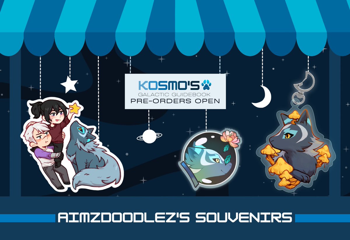 ✨We've got some more space souvenirs for you, this time from the lovely <a href="/aimzdoodlez/">Aimeer | comms: OPEN</a>!  

They have created 3 adorable pieces for you to collect, including the Sheith and Kosmo die-cut sticker, Kosmonaut acrylic pin and Kosmo charm! 🍄
 
⭐ kosmosgalacticguidebook.bigcartel.com