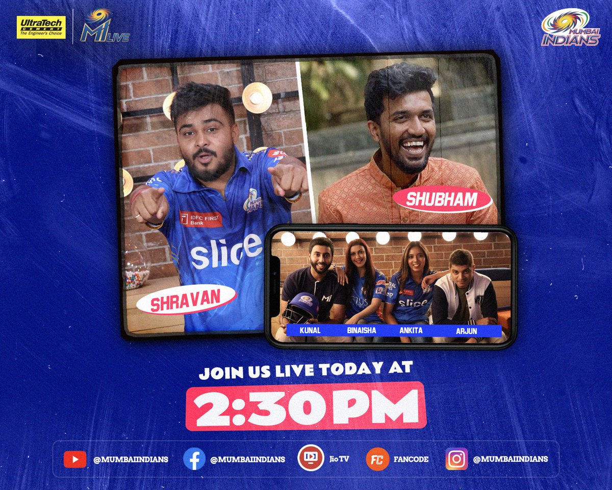 mipaltan's tweet photo. Members of the Orange juice gang, Shubham & Shravan are joining us on #UltraTechMILive today!
Paltan, donโt forget to tune in at 2:30 PM ๐
#OneFamily #MIvSRH #MumbaiMeriJaan #MumbaiIndians #TATAIPL #IPL2023 @UltraTechCement https://t.co/04lzB9dbzj