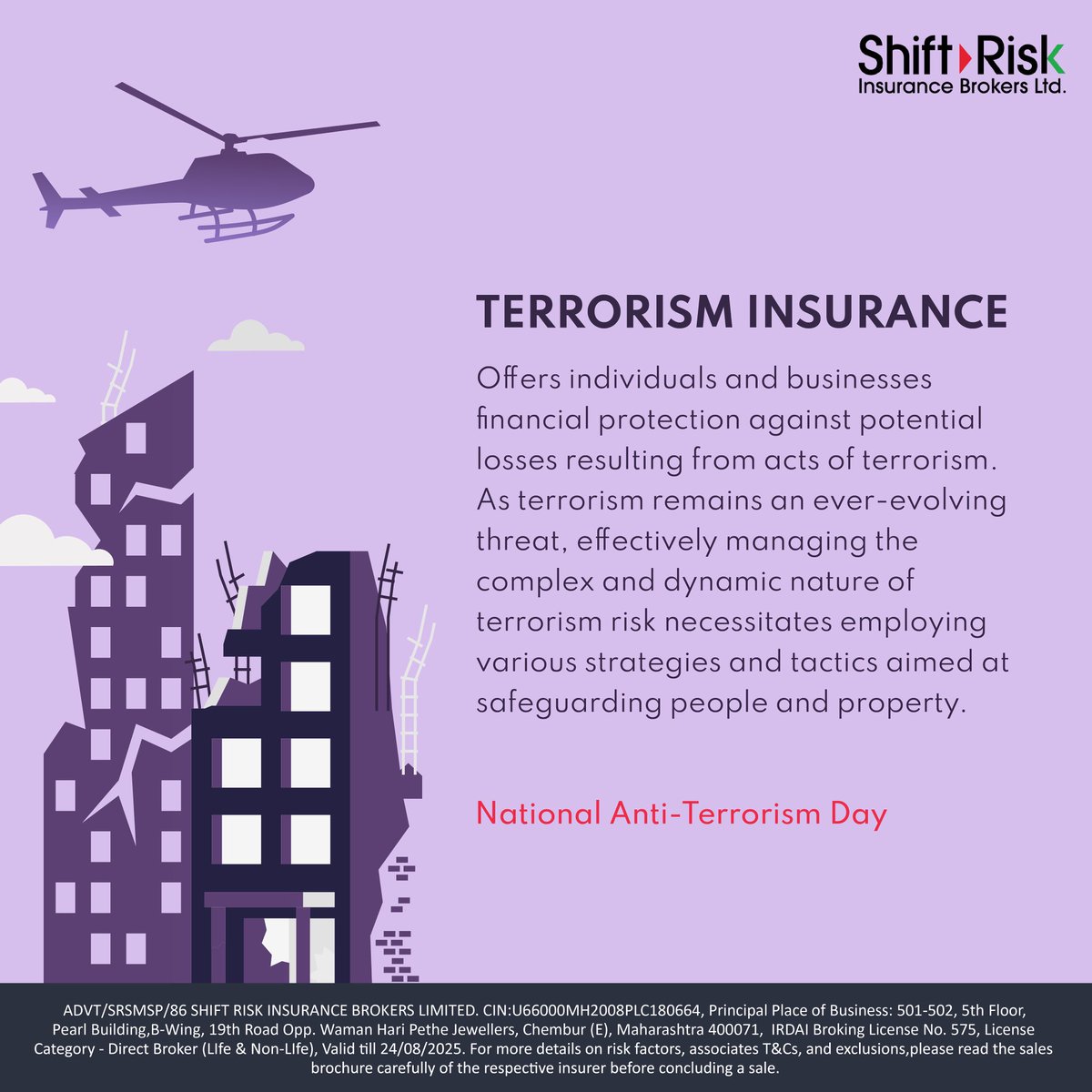 ShiftRisk's tweet photo. On this National-Anti Terrorism Day, we shed light on Terrorism Insurance, a powerful tool to protect businesses against acts of terror. Stay prepared, stay secure! 🛡️✨
#AntiNationalTerrorismDay #TerrorismInsurance #BusinessProtection #safetyfirst #shiftrisk #riskkokaroshift https://t.co/KEHrcL6JUl