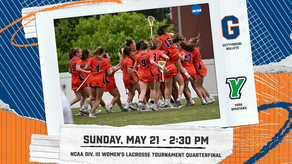 It's QUARTERFINALS time! The victors of two upset regional games yesterday will match up today as #Gettysburg takes on York College in the round of eight. Game time is 2:30 PM. The winner of today's game will advance to the Final Four next weekend! #GoBullets #d3lax #CentConf