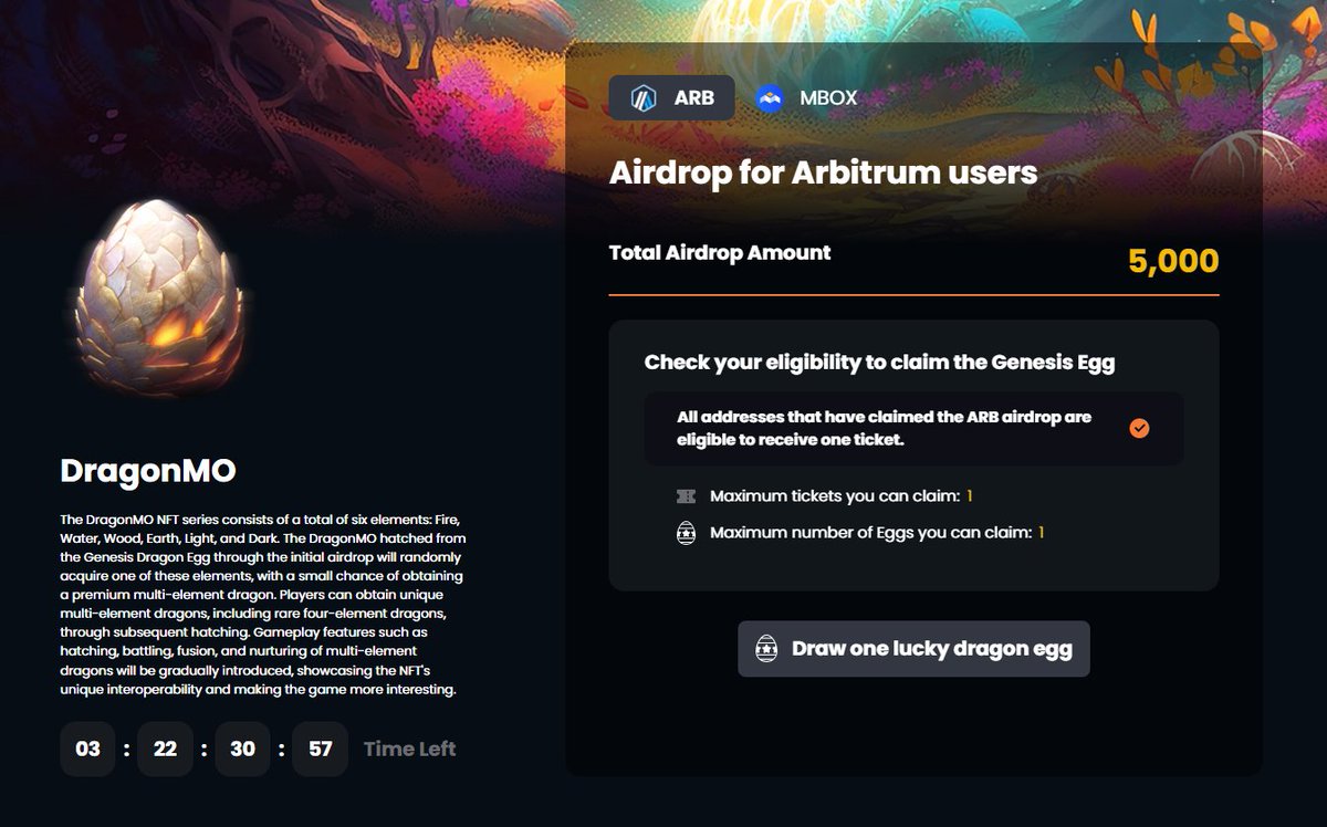 ใครที่ได้ ARB Airdrop ไปลงชื่อขำๆ ลุ้นไข่ 5000 ใบ จาก <a href="/MOBOX_Official/">MOBOX</a> 
👉 mobox.io/dragonmo