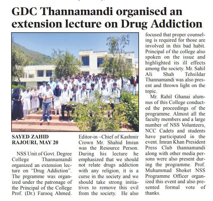 NssGdctmd's tweet photo. GDC Thannamandi organised an extension lecture on Drug Addiction on 20 may 2023. Resource person for the event was @shahidimrankc 

@NssrdD @_NSSIndia @NssJammu @gdcthannamandi @OfficeOfLGJandK @PMOIndia @YASMinistry @muhammad_shoket @NisithPramanik https://t.co/h9g0y09LuM