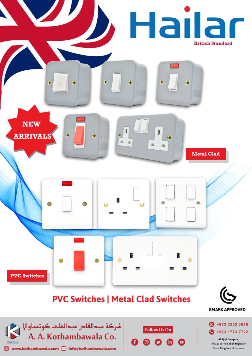 AAKothambawala's tweet photo. HAILAR Metal Clad &amp; PVC Switches

British Standard 🇬🇧

Available with A.A. Kothambawala Co.

#hailar #britishstandard #metalclad #pvcswitches #newarrivals #electricalproduct #available #aakothambawala #sitra #bahrainconstruction #bahrainprojects https://t.co/qYIAfG8gxe