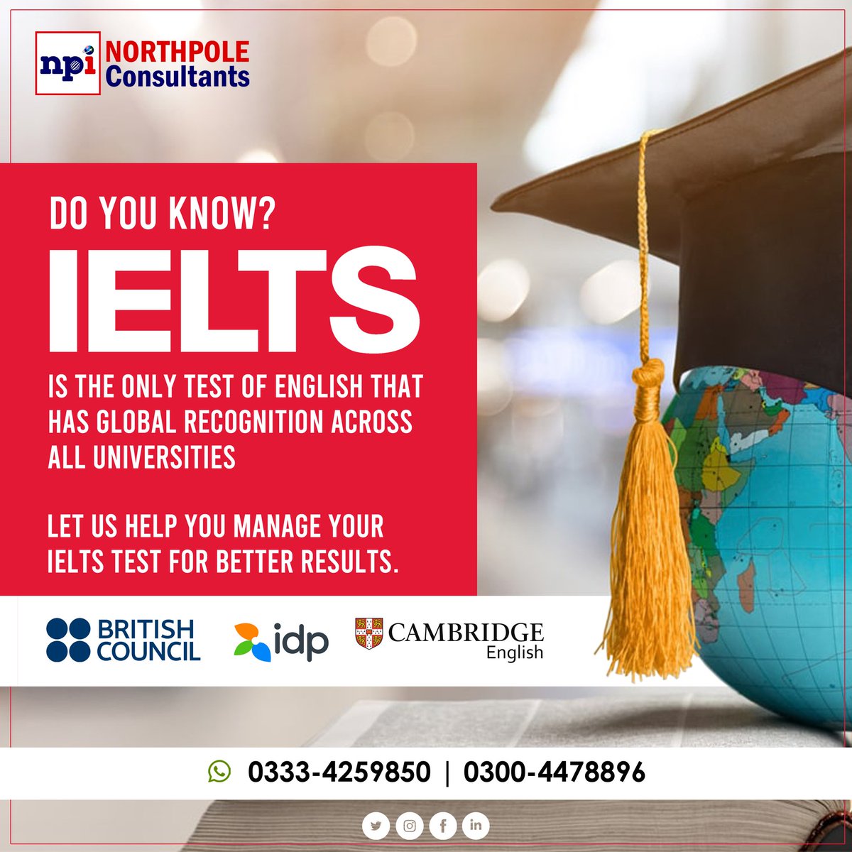 🎓🎓🎓🎓🎓
#IELTS is accepted by over 11,000 organizations in more than 140 countries. 

#IELTS #BritishCouncil #IELTSUKVI #ieltsexam #ieltspreparation #ieltsspeaking #ieltsaustralia #npiconsultants #northpoleconsultants #studyabroad #studyenglish