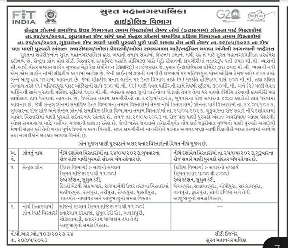 MySuratMySMC's tweet photo. સેન્ટ્રલ ઝોન, નોર્થ ઝોન વિસ્તાર માં ૨૪-૨૫ મે -૨૦૨૩ એ પાણી સપ્લાય માં વિક્ષેપ બાબતે: https://t.co/4ViizVVcOS