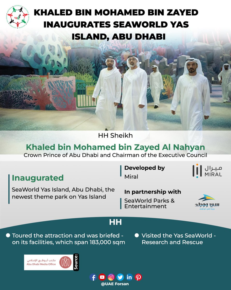 Khaled bin Mohamed bin Zayed Inaugurates SeaWorld Yas Island, Abu Dhabi
#UAE #AbuDhabi #YasSeaWorldRR  #YasIsland #InAbuDhabi #في_أبوظبي 
@YasSeaWorldRRAD
@yasisland 
@themiralgroup
@ADMediaOffice