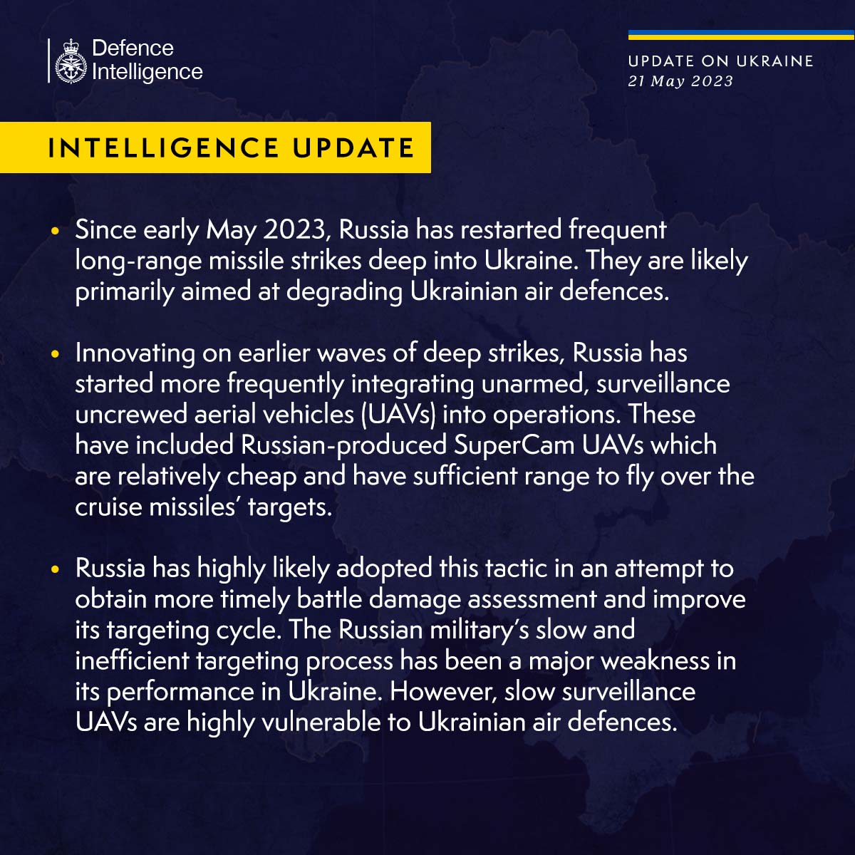 Latest Defence Intelligence update on the situation in Ukraine - 21 May 2023. Find out more about Defence Intelligence's use of language: ow.ly/72Wu50OsJx9 🇺🇦 #StandWithUkraine 🇺🇦