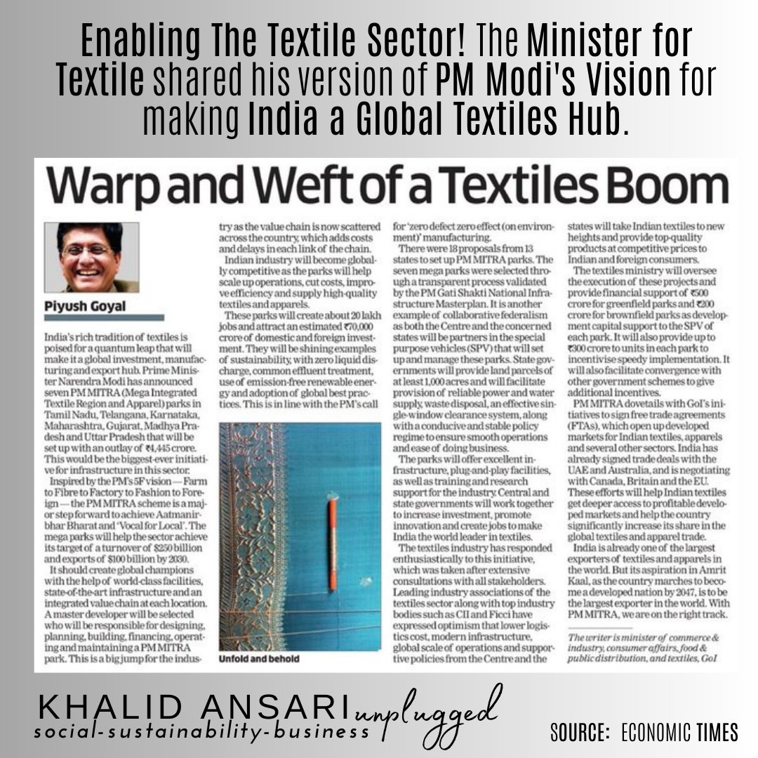 khalidunplugged's tweet photo. Enabling The Textile Sector!
The Minister for #Textile shared his version of PM #Modi 's Vision for making #India a #GlobalTextileHub
#motivational #SuccessMindset #growthdrive #BusinessSense #textileindustry #NewIndia #coralfashion #coralgroup #khalidansariunplugged #fabric https://t.co/RnFjRZ3vw1