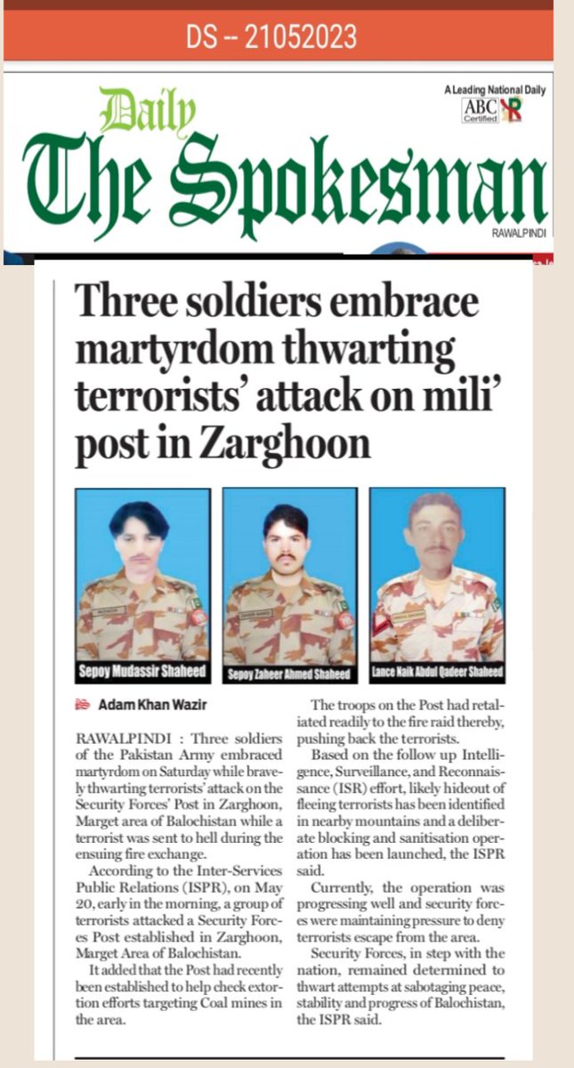 Balochistan: Three Soldiers embrace martyred thwarting terrorists' attack on mili post in zargoon yesterday.
#ISPR
#Army
#AbsolutelyCaught 
#Absolutelyyes
@HamidMirPAK @AajKamranKhan @AQuddusBizenjo @ArfaBhutto786 @Nasrullah_Baloc @tayyabbalochpk @CMDUBalochistan @DGISPR14 @ISPR