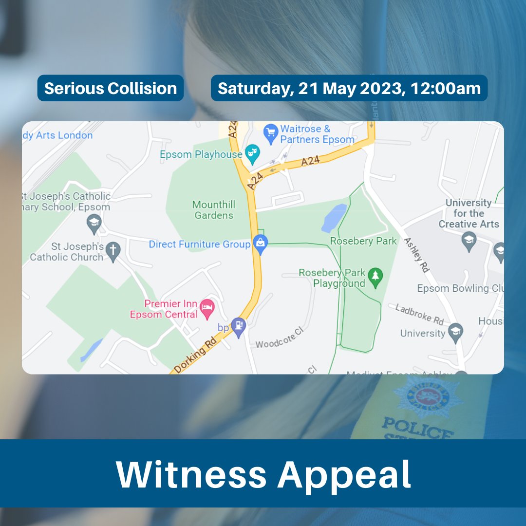 We're appealing for witnesses after a man was taken to hospital in a life-threatening condition following a collision, possibly with a dark coloured car, on South St in Epsom @  around midnight this morning.

Got info? Pls DM us.

Full appeal > surrey.police.uk/news/surrey/ne…