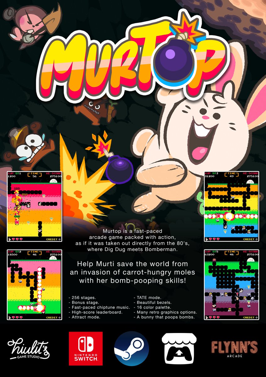 #Giveaway !
Wanna win ONE of TWO copies for #Murtop on #NintendoSwitch? 🎁
➡️Floow us @FlynnsArcades 
➡️Like & RT 
➡️Reply naming a friend 

Winners drawn on Saturday! Good luck!
#indiegame #indiedev #indiegames #IndieDevs #game #games #gamedevelopment #gamedevs #GameDevelopers