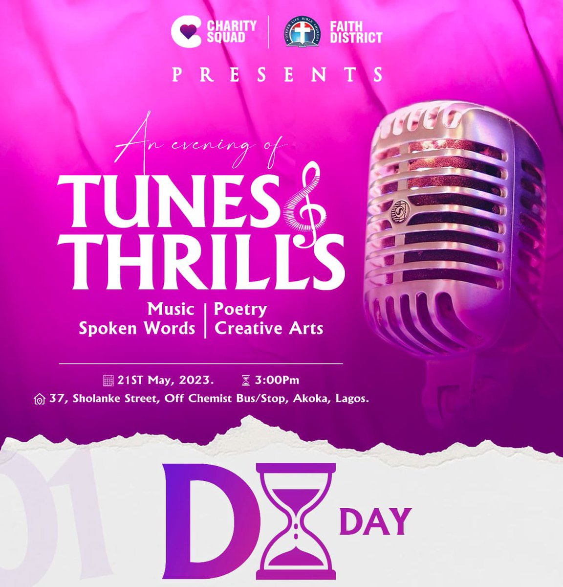 It’s Tunes and Thrills o’clock🥁🥁
It’s the Day the Lord has made.
We’d be glad and rejoice together at 37, Sholanke street, Akoka by 3pm TODAY.

#TAT23 #Charitysquad #Faithtrybers #youngadult