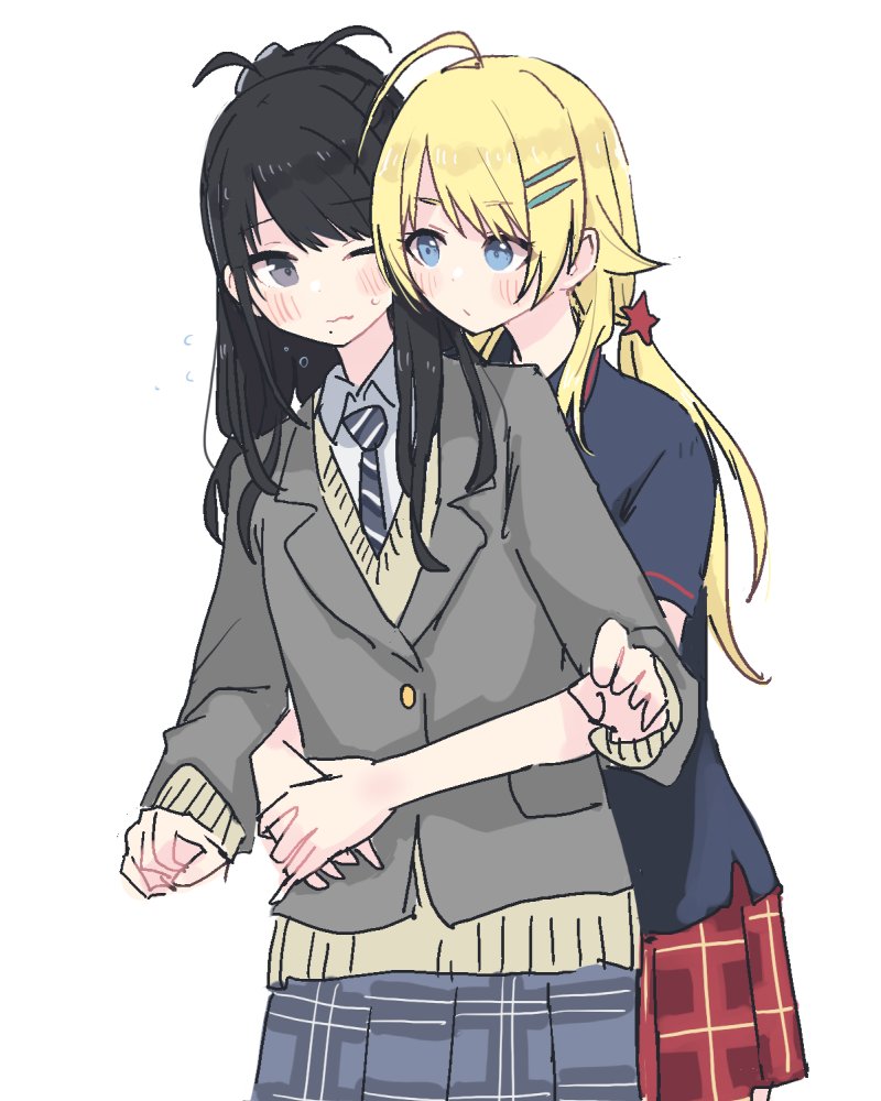 hachimiya meguru ,kazano hiori multiple girls 2girls hug from behind blonde hair hug skirt black hair  illustration images