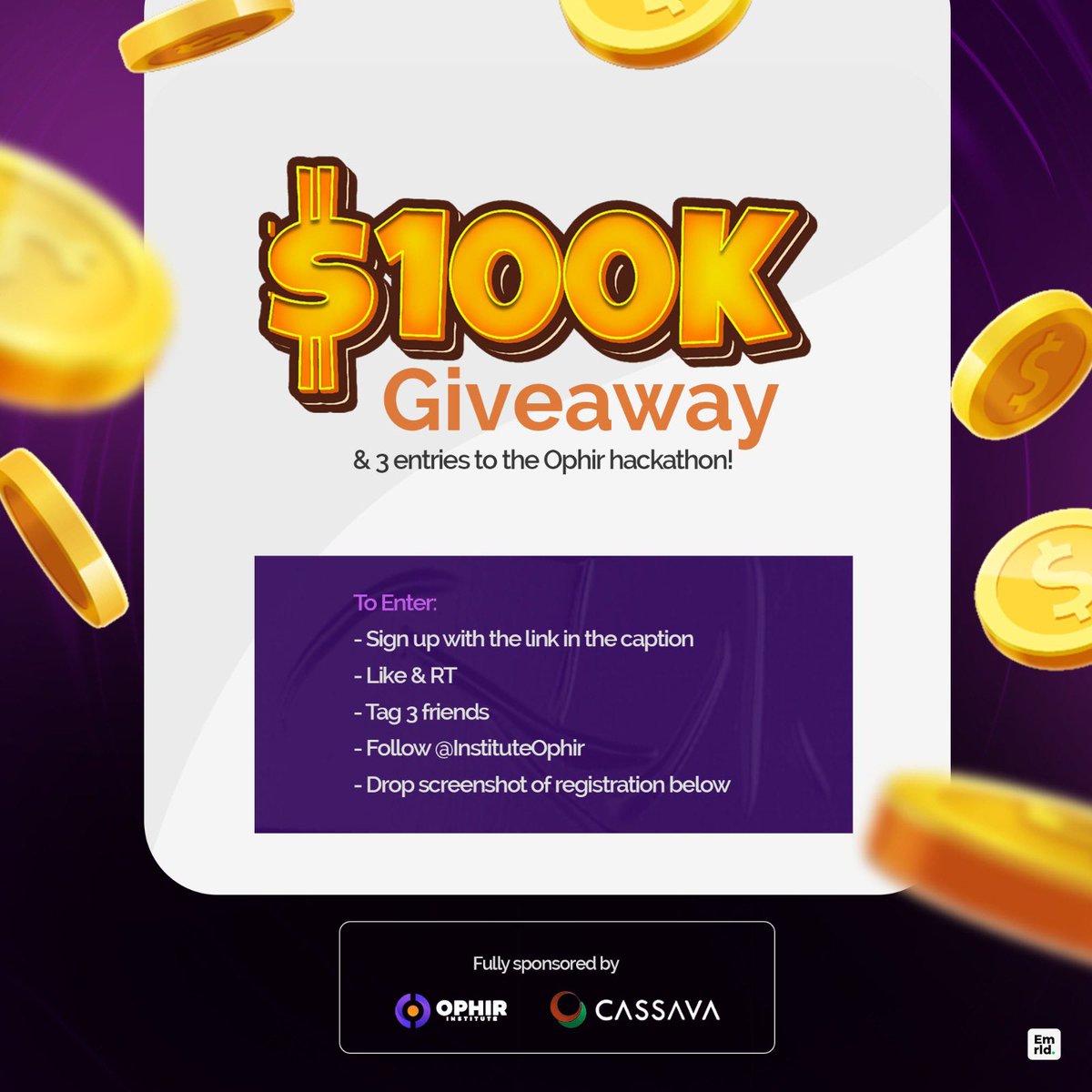 A WHOOPING $100,000 giveaway &amp; 3 entries to the Ophir hackathon! 🎉 

Fully sponsored by: <a href="/CassavaNetwork/">CassavaNetwork</a> &amp; <a href="/InstituteOphir/">OPHIR (Valley, toValue🥷)</a> 

Enter:

- Sign up here🔗 app.cassava.network/?referral_code…
- Like &amp; RT 

- Tag 3 friends 

- Follow <a href="/InstituteOphir/">OPHIR (Valley, toValue🥷)</a> 

- Drop screenshot of registration below 👇
