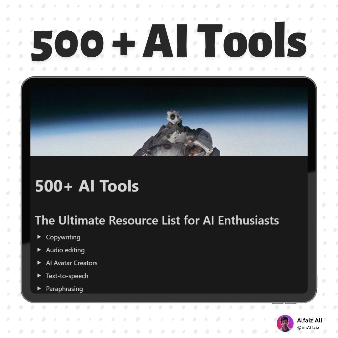 GPT-4 and Bard AI will make you superhuman.

But with so many AI tools out there, it can be hard to know which ones are worth your time.

That's why I've compiled a list of the top 500+ AI tools.

To get it:
• Like
• follow me @imAlfaiz
• Reply "500"

I'll DM you