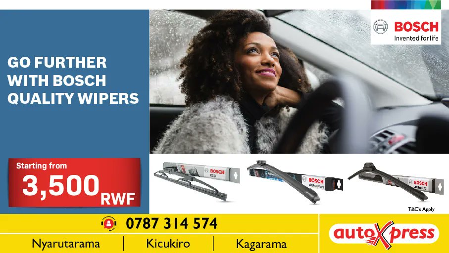 Upgrade to the ultimate wiper performance today for the best results and safest travels! Get quality Wiper Blades, Bosch, only at AutoXpress!

auto-xpress.co.rw/wipers-2/

#RainySeasonRwanda #Wipers #WiperBlades #BoschRwanda #RoadSafety