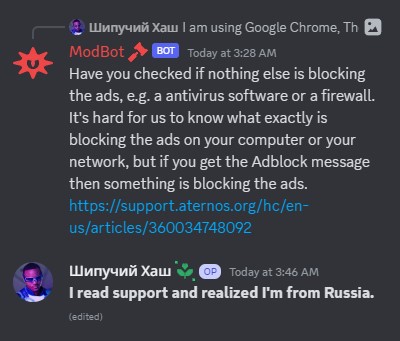 AternosMoments's tweet photo. Good thing we have support, so people can realise they are from Russia. https://t.co/wpUXJfFoDY