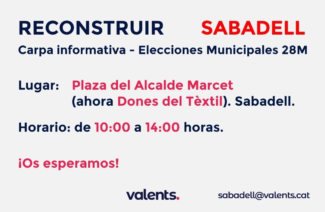 sabadellvalents's tweet photo. Os esperamos hoy 21 de mayo en la plaza Alcalde Marcet (Dones del Tèxtil) para compartir nuestras propuestas para #Sabadell.

A partir de las 10:00, y hasta las 14:00, con nuestro candidato @Fede_Prieto_M

#HoFarem #LoHaremos #ReconstruirSabadell #28M #Valents https://t.co/x6AmE6GFxD