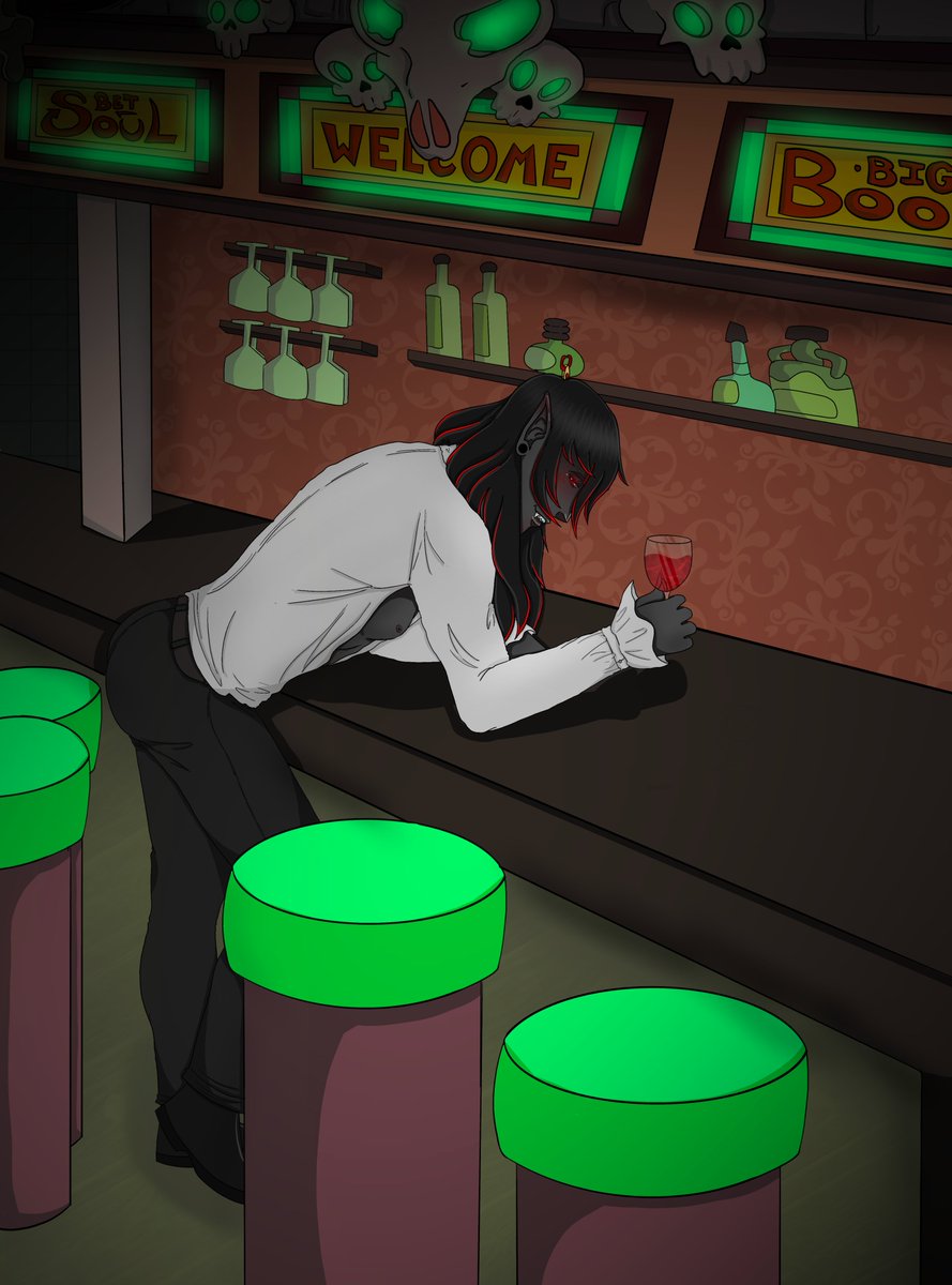 ArtInSweats's tweet photo. My #hazbinhotel #oc Eri having a drink, (upper half of the bar background has been traced from a canon background in hazbin, credit to the show for that lineart) #helluvaboss #anime #hazbinhoteloc #vampirebatoc #vampire #vampireoc #helluvabossoc https://t.co/f4hvRQ2jz8