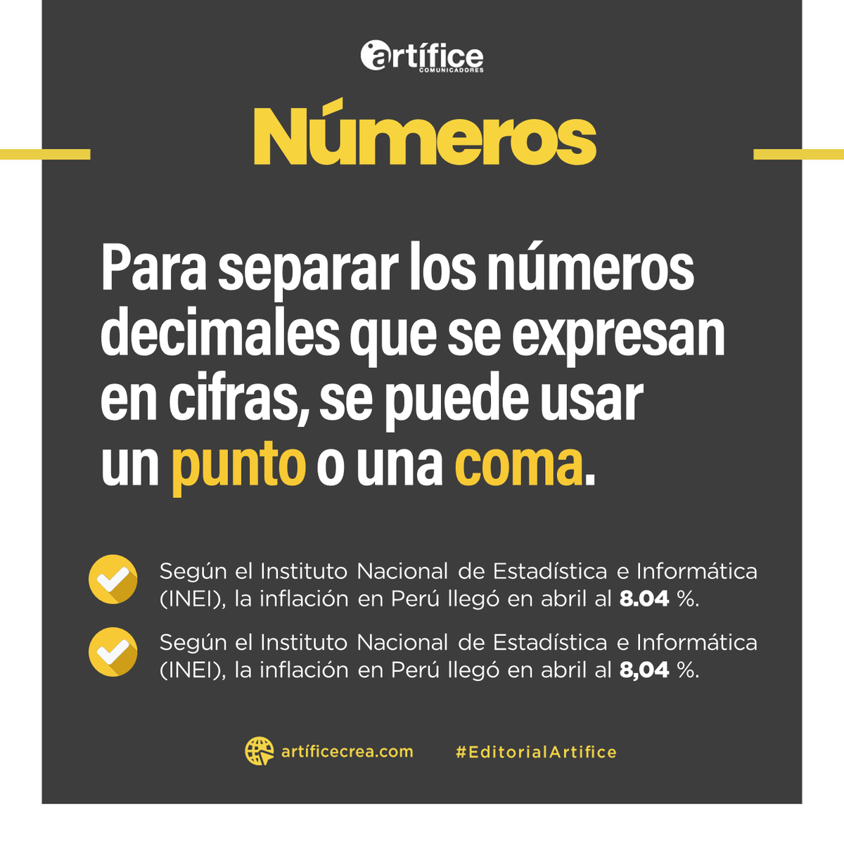EditArtifice's tweet photo. ✍🏽 Como separador decimal, en España y el Cono Sur (Perú, Colombia, Chile, etc.) se emplea la coma, mientras que en México y el Caribe se prefiere el punto. 🔢

#ConsultasECA #DudasFrecuentes #ExpresionesNuméricas #Decimales https://t.co/t4KRiyrMcR