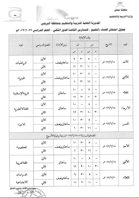جداول امتحانات الصفوف (الخامس_التاسع) للتعليم الأساسي والمدارس الخاصة للدور الثاني للعام الدراسي (2023/2022)
#تعليمية_البريمي #مدارس_البريمي