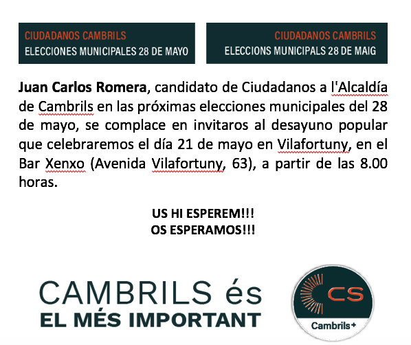 ¡Buenos días y buen domingo a todos! Nos complacería saludaros esta mañana en Vilafortuny, en el Bar Xenxo y explicaros algunas propuestas de nuestra candidatura. #Cambrilseslomásimportante #Cambrilsenpositiu <a href="/JCRomeraGil/">Juan Carlos Romera Gil 🧡</a> <a href="/sgamezcambrils/">Santi Gamez</a> <a href="/_YolandaBurgos/">YOLANDA BURGOS</a> <a href="/EDUARDO72165870/">Eduardo García Fernández</a>