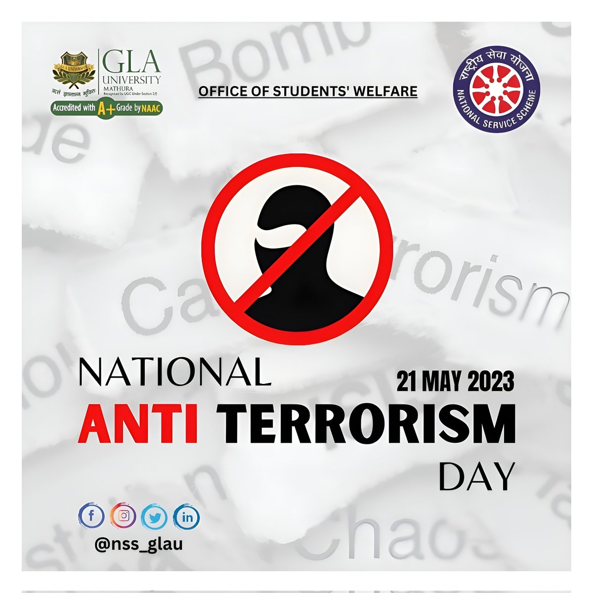 The National Anti-Terrorism Day is observed on 21 May in India every year to commemorate the death anniversary of former Indian PM Rajiv Gandhi. ☮️

#nssglau #NationalAntiTerrorismDay_2023

*Follow NSS-GLAU for more info:* 

INSTAGRAM:- bit.ly/2Ub4tpm