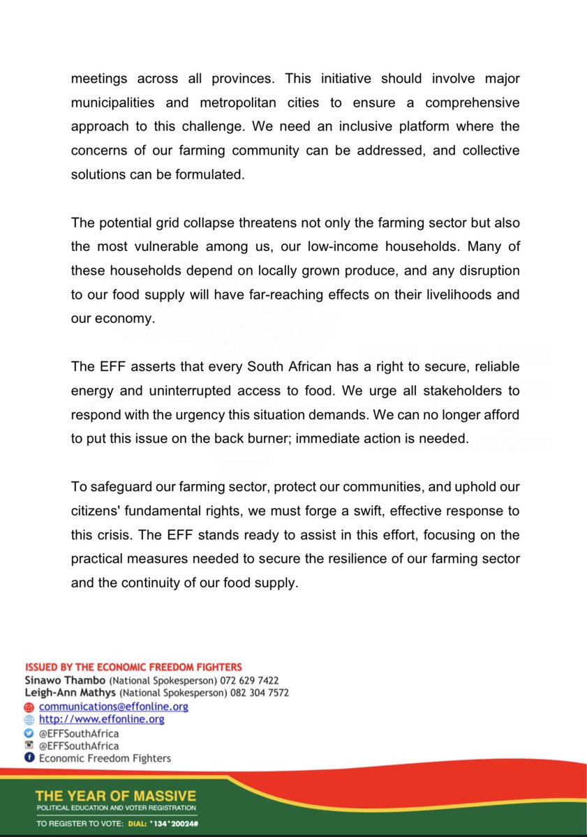 EFFSouthAfrica's tweet photo. EFF Calls For Nationwide Contingency Plan In Event Of Grid Collapse: Urgent Collaboration Needed To Protect South African Food Security https://t.co/bYSeaBfaaK