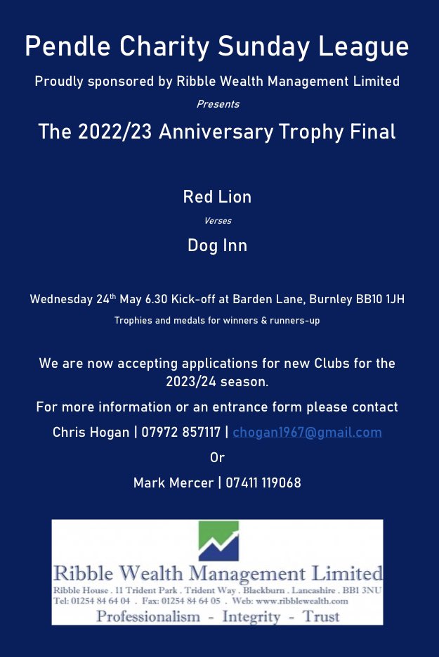 PendleSunday's tweet photo. It’s time for Red Lion to step on to the PCSL Cup Final stage. On Wednesday they face Dog Inn in the Anniversary Trophy who have already finished as runners-up in two finals this season. An intriguing night awaits! Free entry and all spectators welcome. https://t.co/skUj3BMuNO