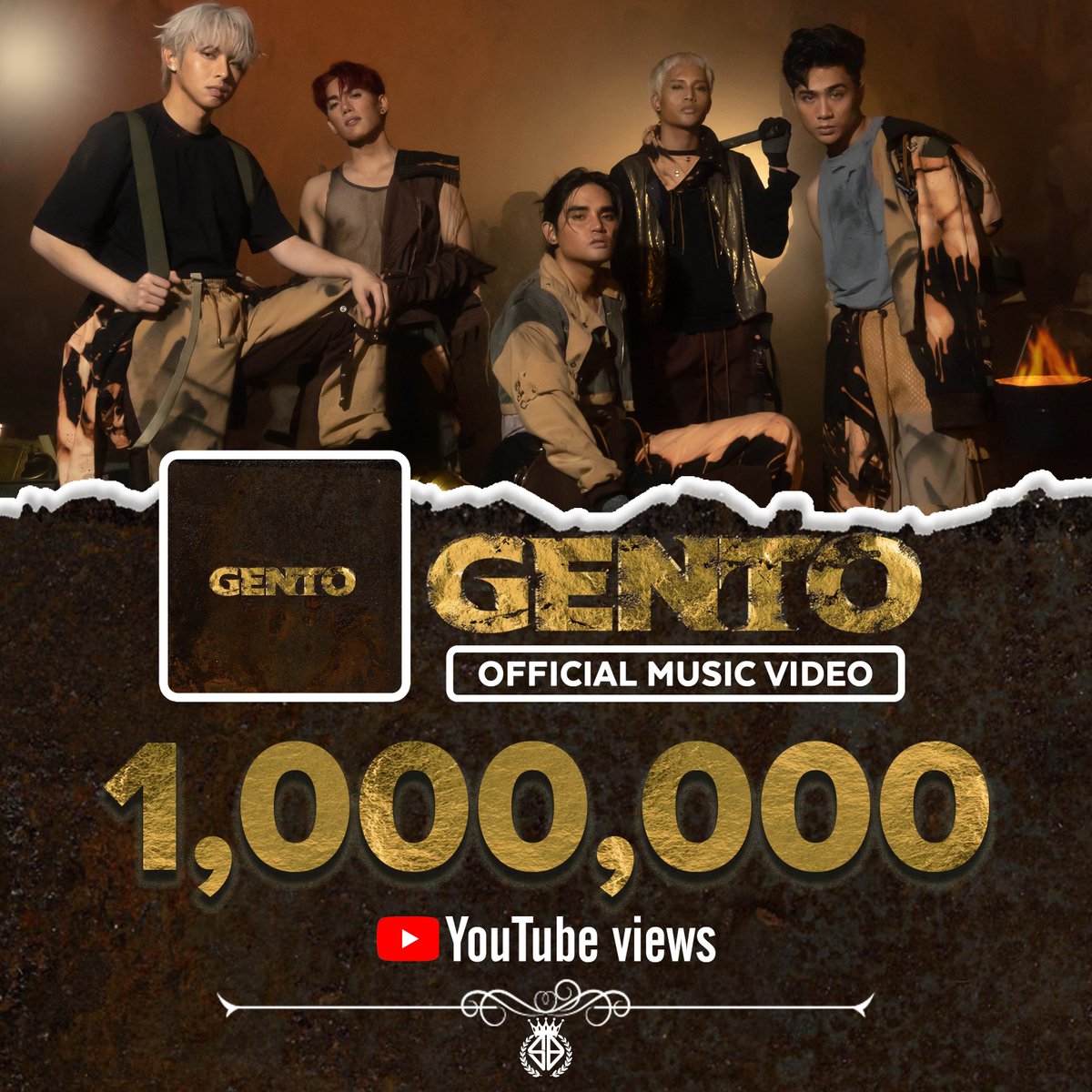 KingsofPpopSB19's tweet photo. SB19's GENTO Official Music Video has now surpassed 1 Million views on YouTube and still trending top spot under Music Category.

🔓 1M VIEWS UNLOCKED

ISANG MILYONG GINTO
@SB19Official #SB19
#GENTO_1MILLIONViews https://t.co/2224jr7JOY