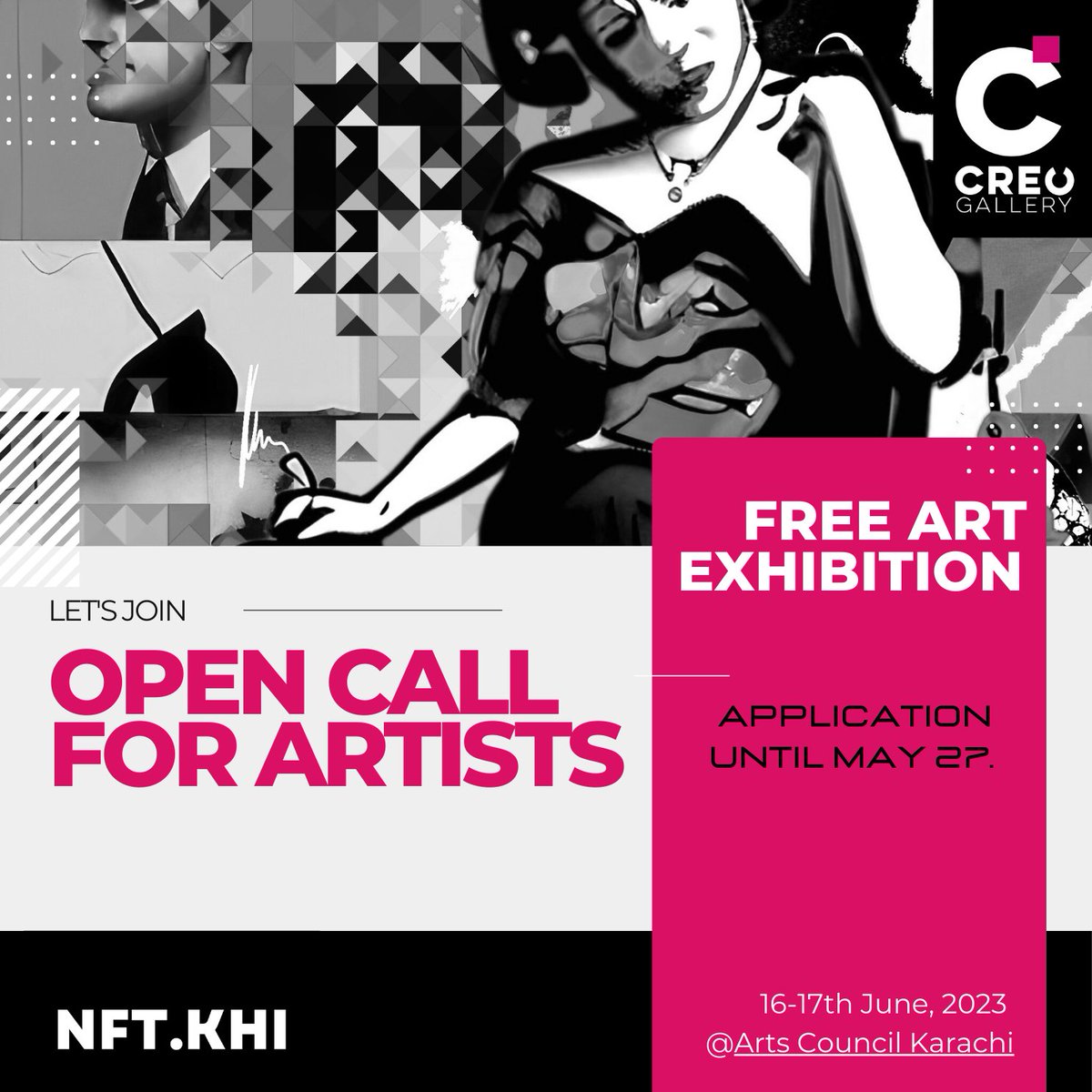 creo_one's tweet image. ♥️📣 Calling all emerging #artistsonTwitter

Exciting news! @creo_gallery is partnering with @nftkhi_ to showcase your incredible work at the MET GALA OF NFTs / 16-17th June, 2023 Karachi 🎉

Join this amazing opportunity by May 27th:
♥️ Drop your #art #nftart
🔥 like
♥️ retweet