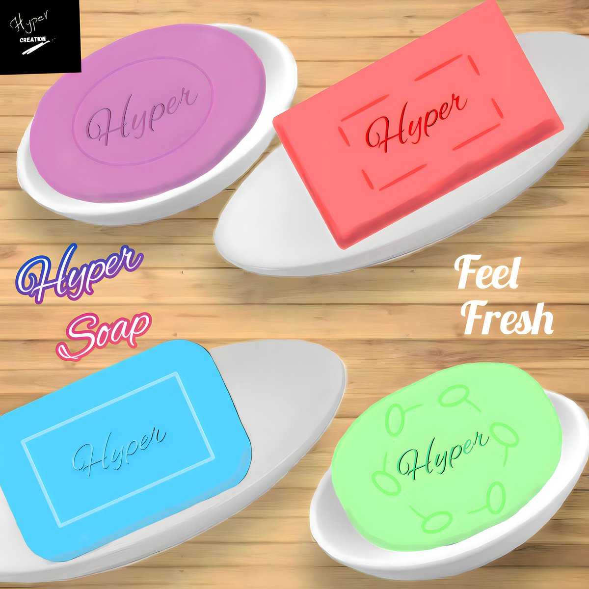 Product name: Hyper Soap Product type: Bathing Soap Colour: Miscellaneous Tagline: Feel Fresh Logo: Hyper_Creation This shows you how you can sum up all the types of of soap with different designs and colours into one image. #soap #bodysoap #bath #bathsoap #Hyper_Creation