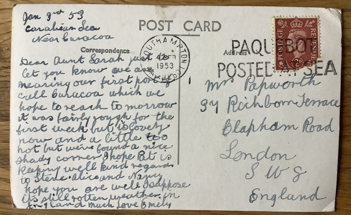 Paquebot posted at sea for  #SailAwaySunday It looks like Emily was on the long voyage to New Zealand via the Panama Canal. I wonder if she ever returned? #postcard