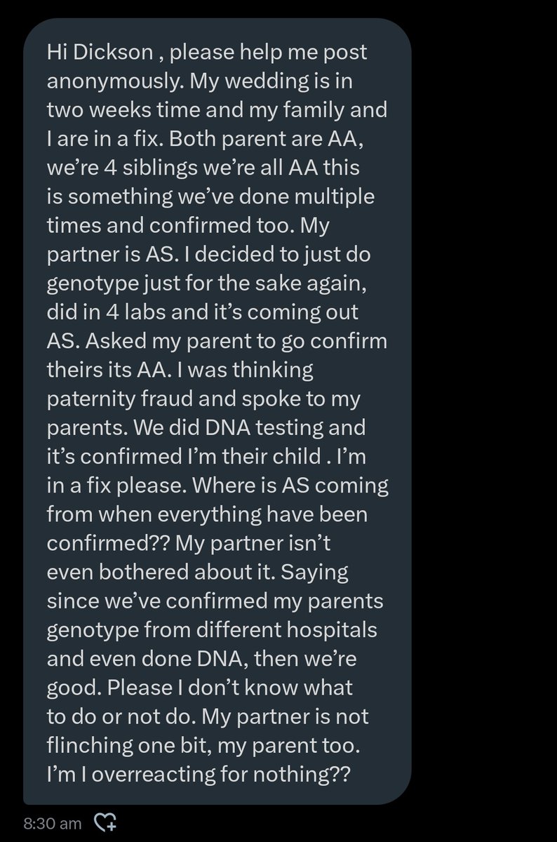 Wizarab10's tweet photo. Both Parents are AA and he is AS. DNA showed he is their child. He is confused because his partner is AS.

Doctors come and explain. https://t.co/EblVIkGfqz