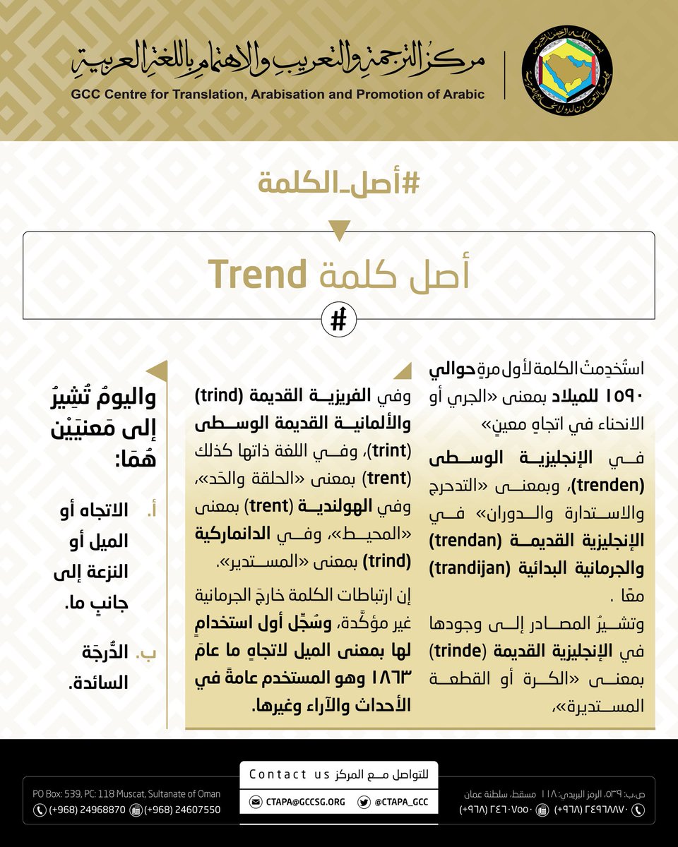 CTAPA_GCC's tweet image. الإيتيمولوجيا (Etymology) أو التَّأثيل أو التَّأصيل أو التَّرسيس أو الأرومَة علمٌ يُرَادُ به أصل الشيء وجذره، ولذا يُقال أيضًا التَّجذيرُ. يَتقصَّى هذا العلمُ #أصل_الكلمة وصلتَها بغيرها من اللغات، مُسجِّلًا حياتها عبر العصور، رابطًا ماضيها بحاضرها.