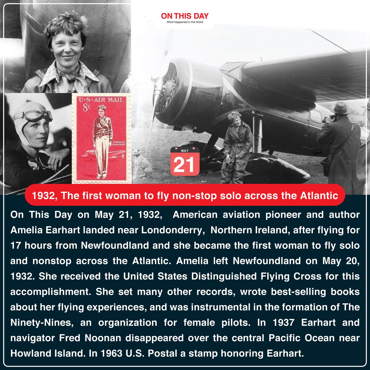 #OnThisDay 1932, The first woman to fly non-stop solo across the Atlantic

#May #May21 #historytoday #in1932 #90yearsago #onthisdayinhistory #doyouknow #firstwomantoflynonstopsoloacrosstheatlantic #ameliaearhart #northernireland #unitedstates #firstwomantoflynonstopsolo #atlantic