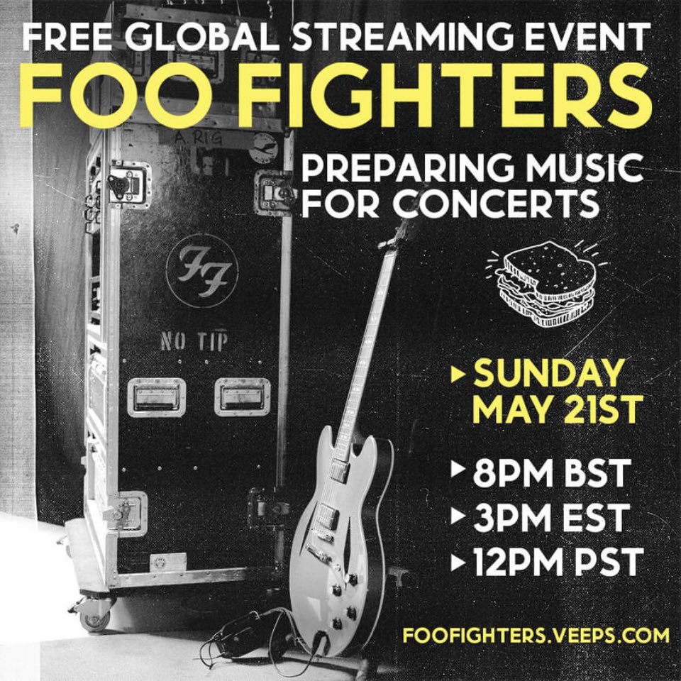 Tonight, 8pm. Claim your FREE ticket to the <a href="/foofighters/">Foo Fighters</a> global streaming event!

How to watch: Go to veeps.events/Foo-Fighters and create a free account. (A login is required to watch the show.) 

Want to watch TV? Download the Veeps app. Amazon Fire TV users can watch via its