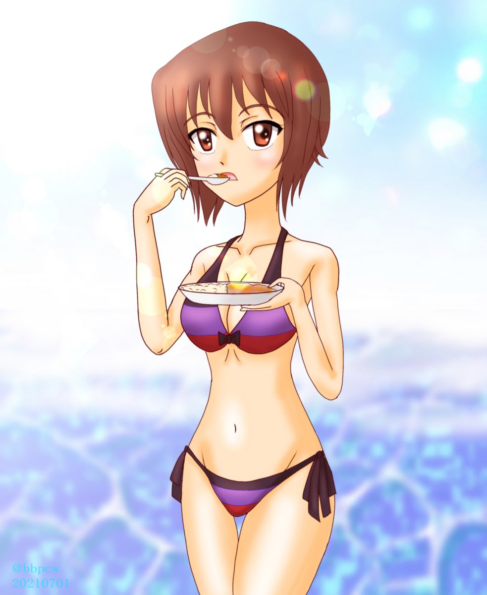 西住まほ 「暑いので浜辺でカレーを食べるお姉ちゃんの絵をあげる #ガルパン」|ビバ㌠ ユニバースのイラスト