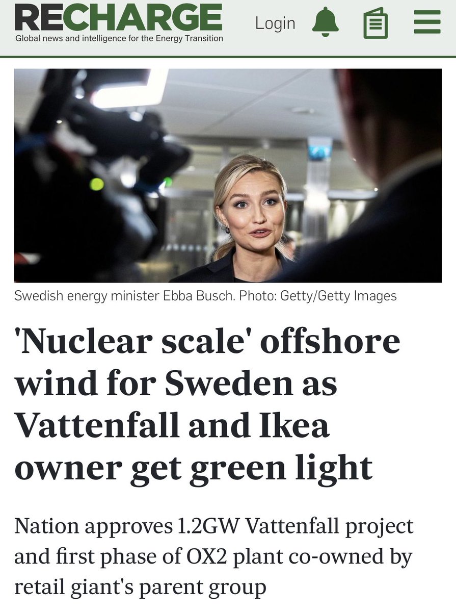 Schweden‘s 🇸🇪 Ministerpräsident genehmigt 1.2GW großes #Offshorewind Projekt Kattegat Syd. 6.5TWh sauberer Strom für 1Mio. Haushalte in Süd-West🇸🇪 - vergleichbar mit der Produktion eines #AKWs. Natürlich schneller erbaut, nachhaltiger & günstiger! 💪🏼
rechargenews.com/wind/nuclear-s…