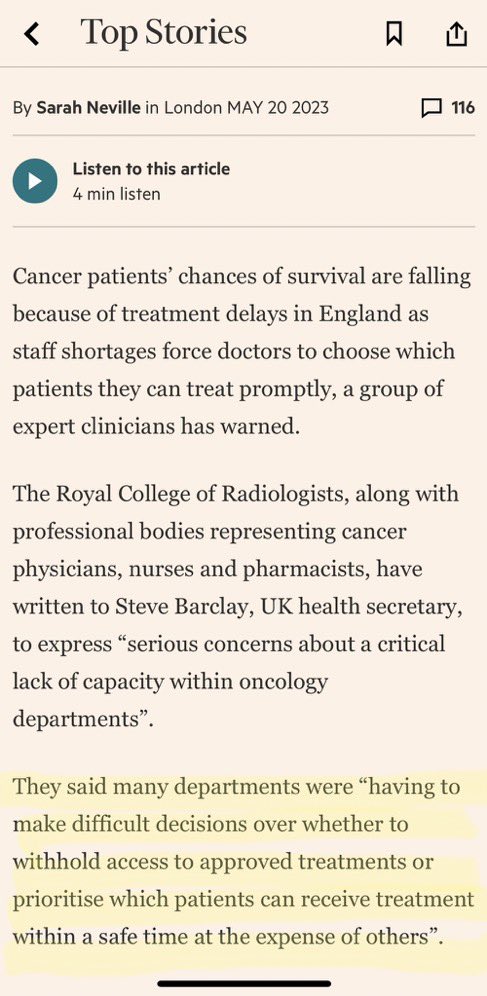 It’s difficult, informing the public that their chance of survival from cancer is getting worse.

Here, cancer doctors speak out - writing a letter to Barclay to tell him understaffing and under resourcing mean severe RATIONING of who gets treated.

People are dying for what?